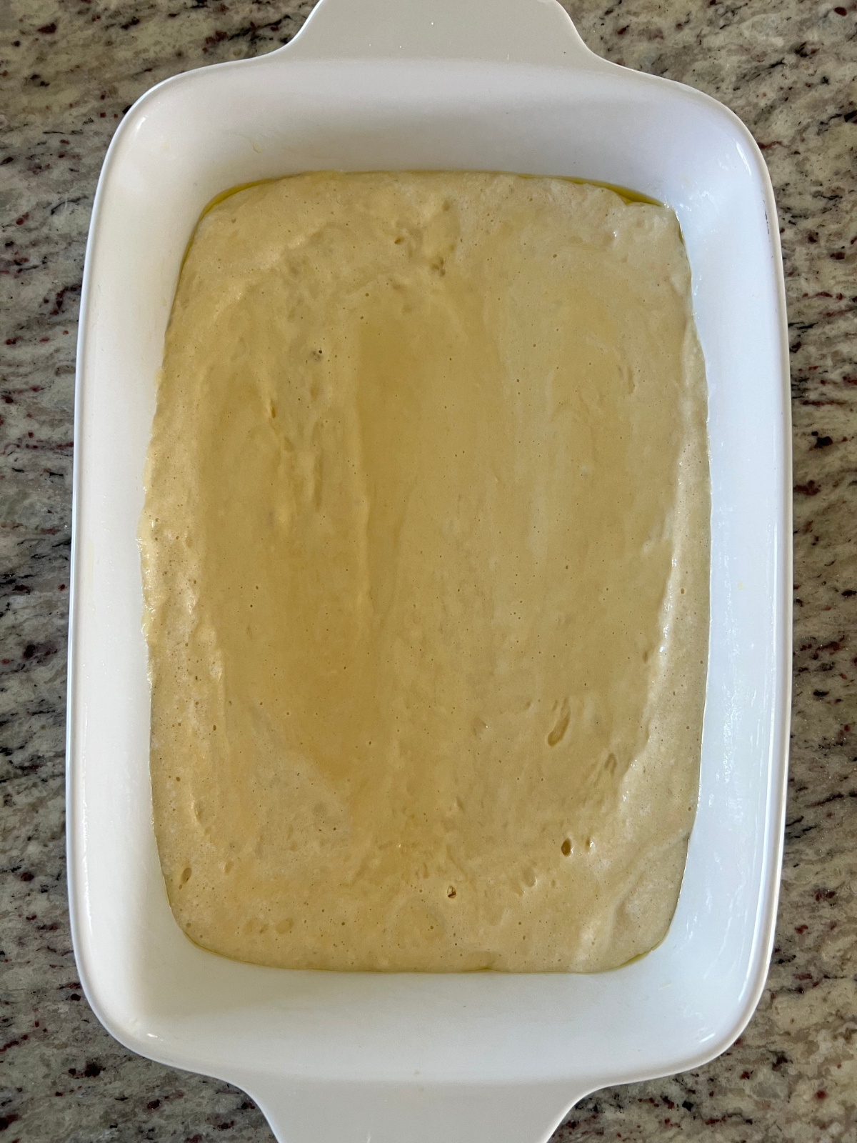 The sourdough discard tres leches batter is shown in the greased 9x13 cake pan. 