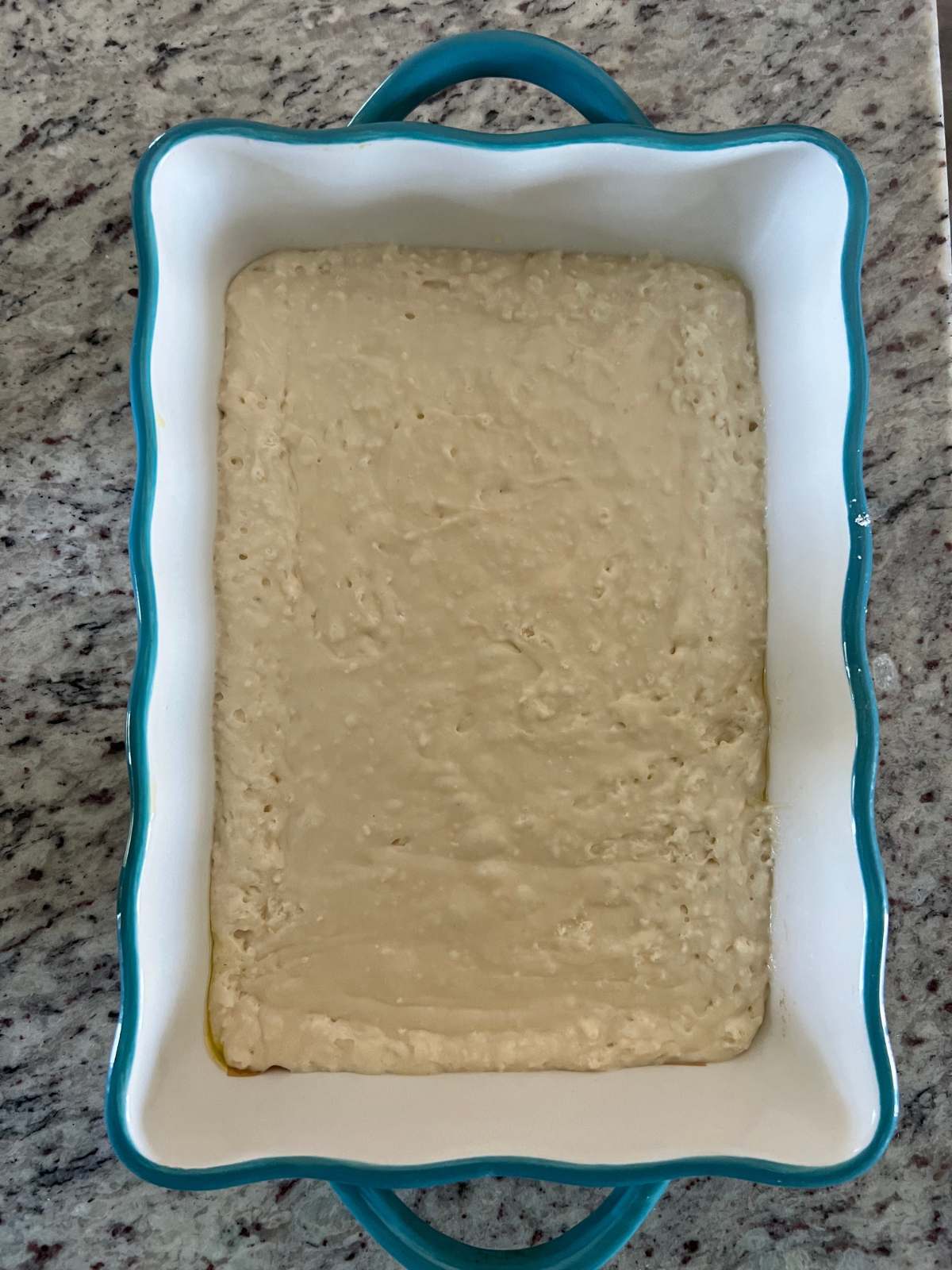 The sourdough discard dot cake batter sits in a greased 9x13 baking dish.