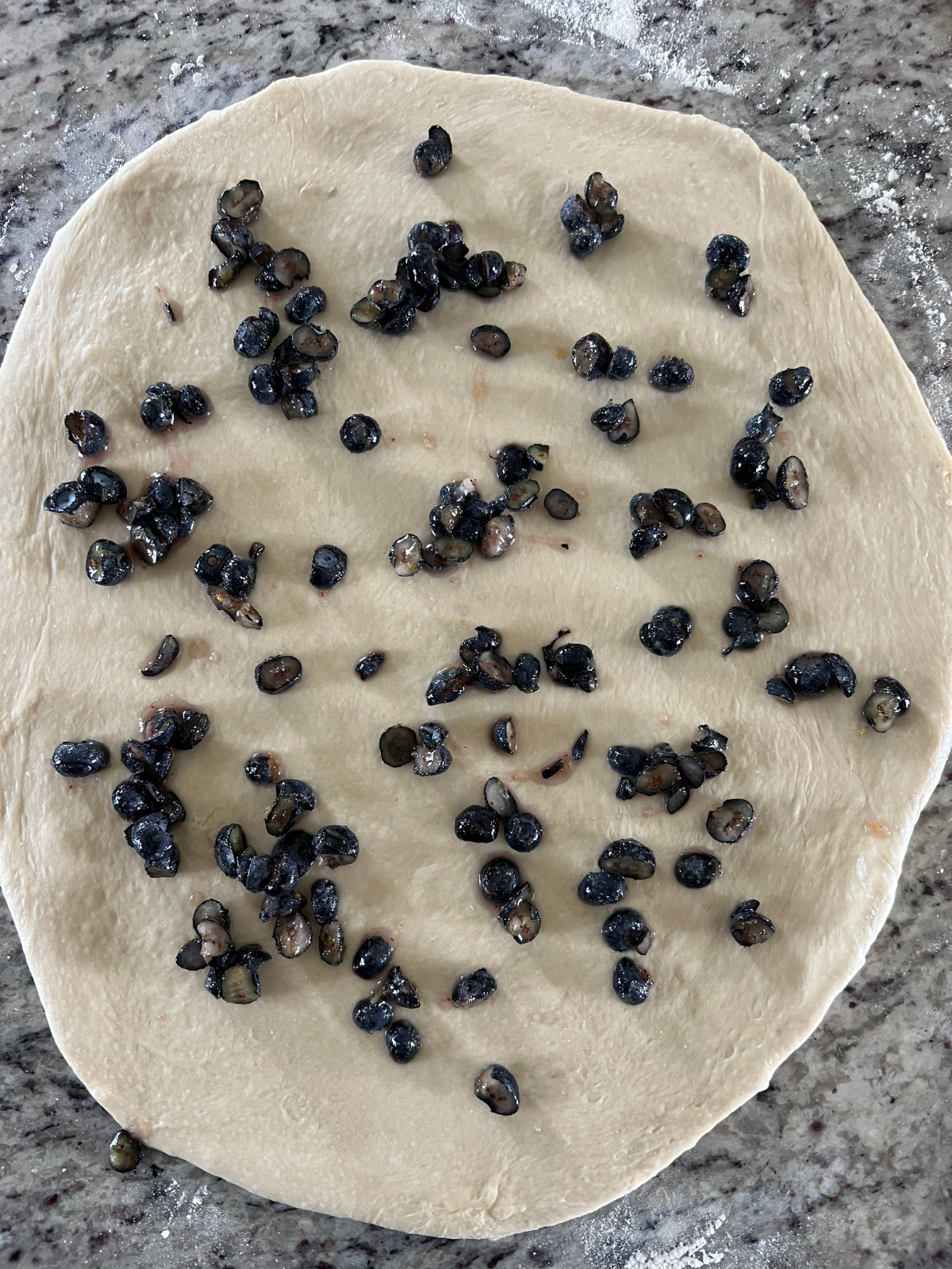 Sourdough blueberry lemon fritter dough has been rolled into a rectangle and shown with the blueberry filling.