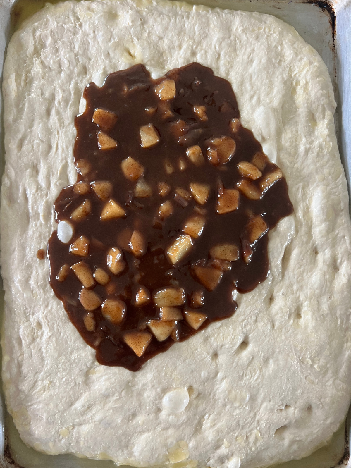 The peach filling is shown on top of the sourdough focaccia dough.