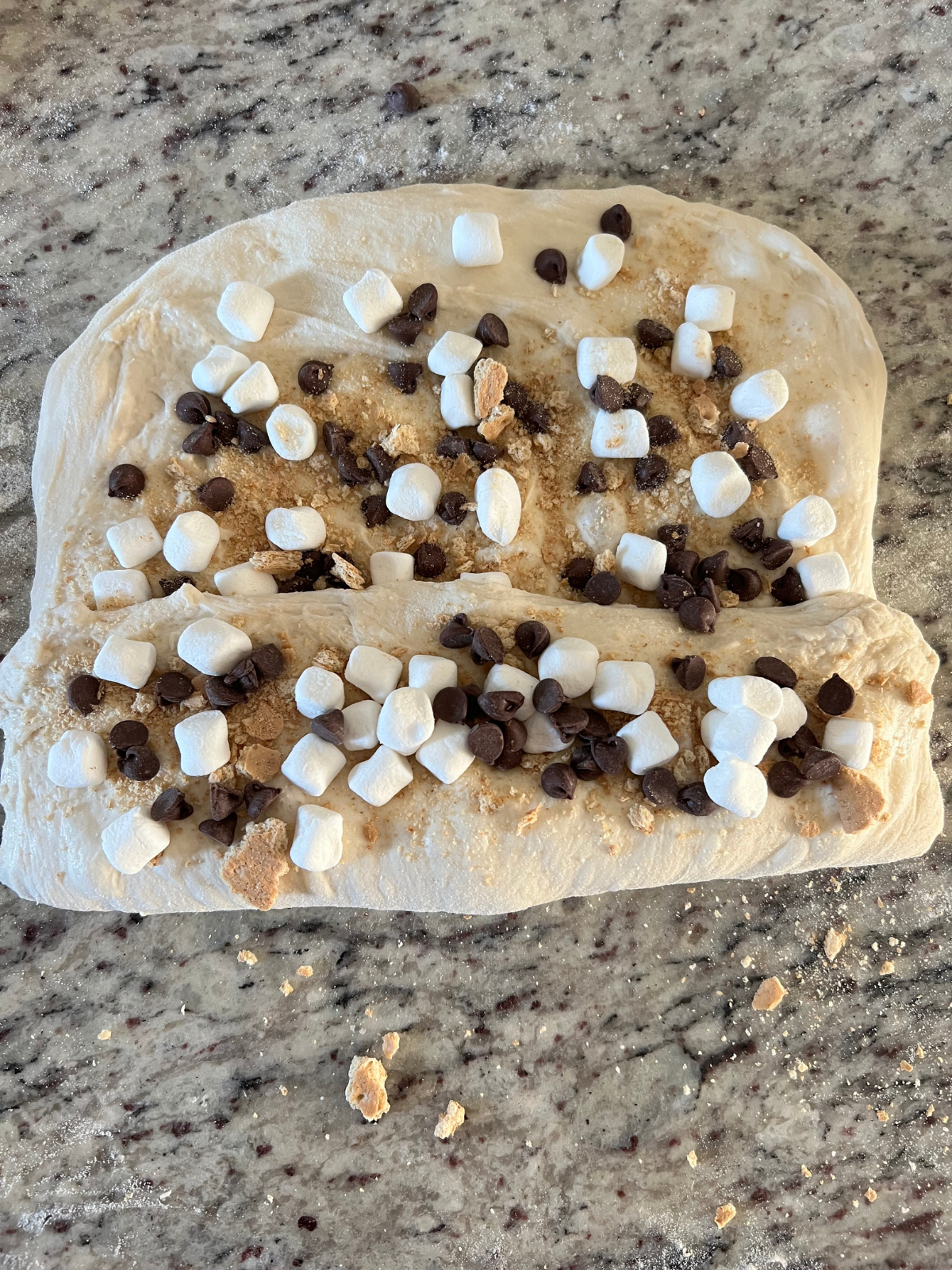 The dough has been tri-folded with more inclusions added for the sourdough smores bread.