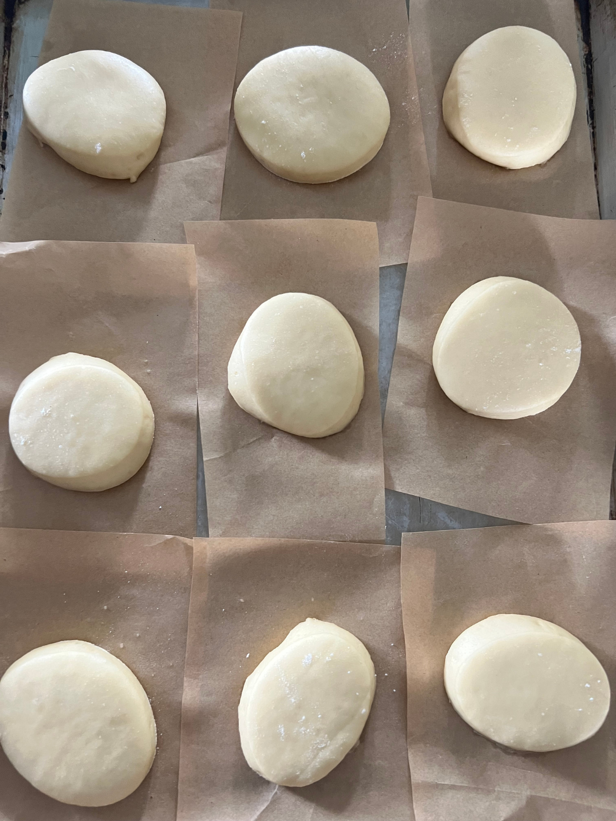 The sourdough donuts have been raised and are ready to be fried.
