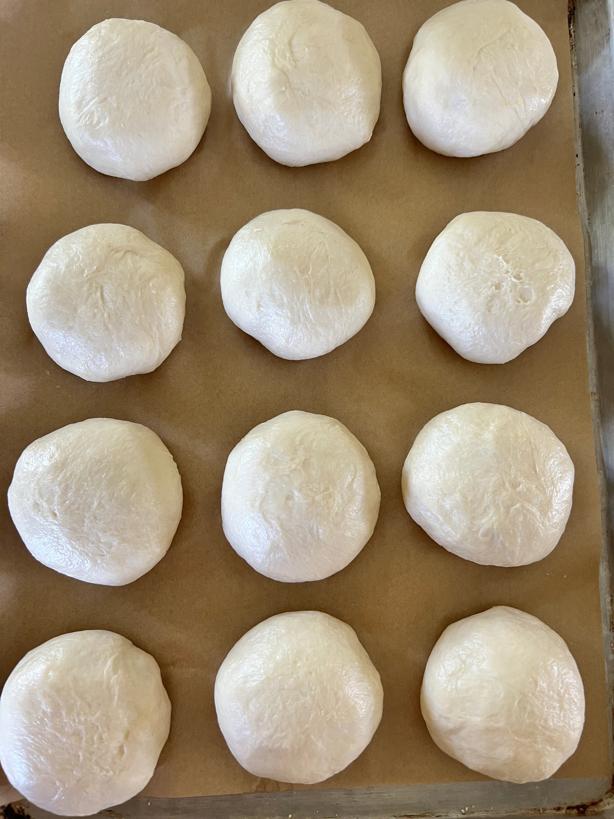 The sourdough ham and cheese filled buns have been shaped and are preparing for their second rise on the baking sheet.