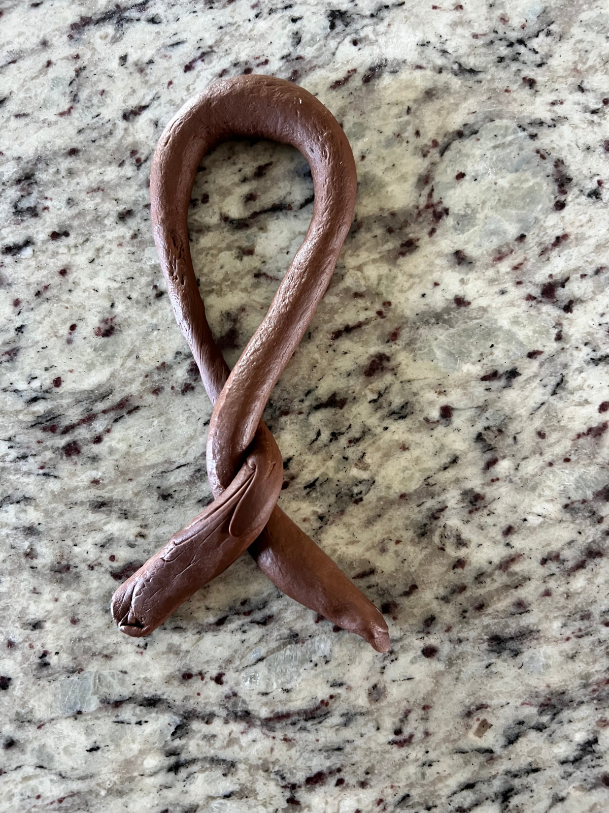 The sourdough pretzel dough is shown after being twisted.