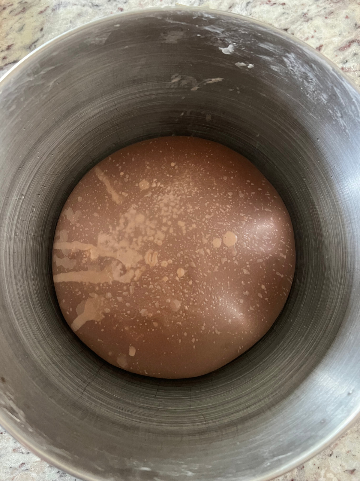 The sourdough chocolate pretzel dough is shown fully fermented and ready to be shaped.