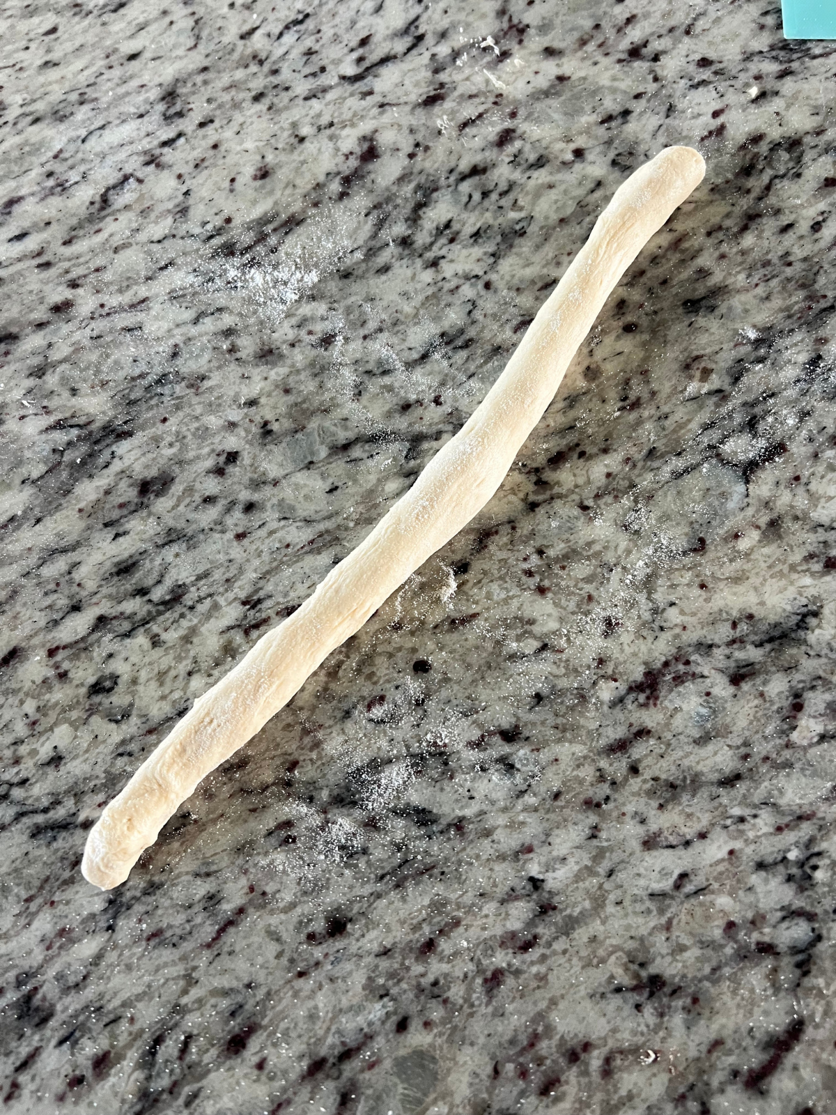 The sourdough twist donut dough is shown rolled into a rope about a foot long.