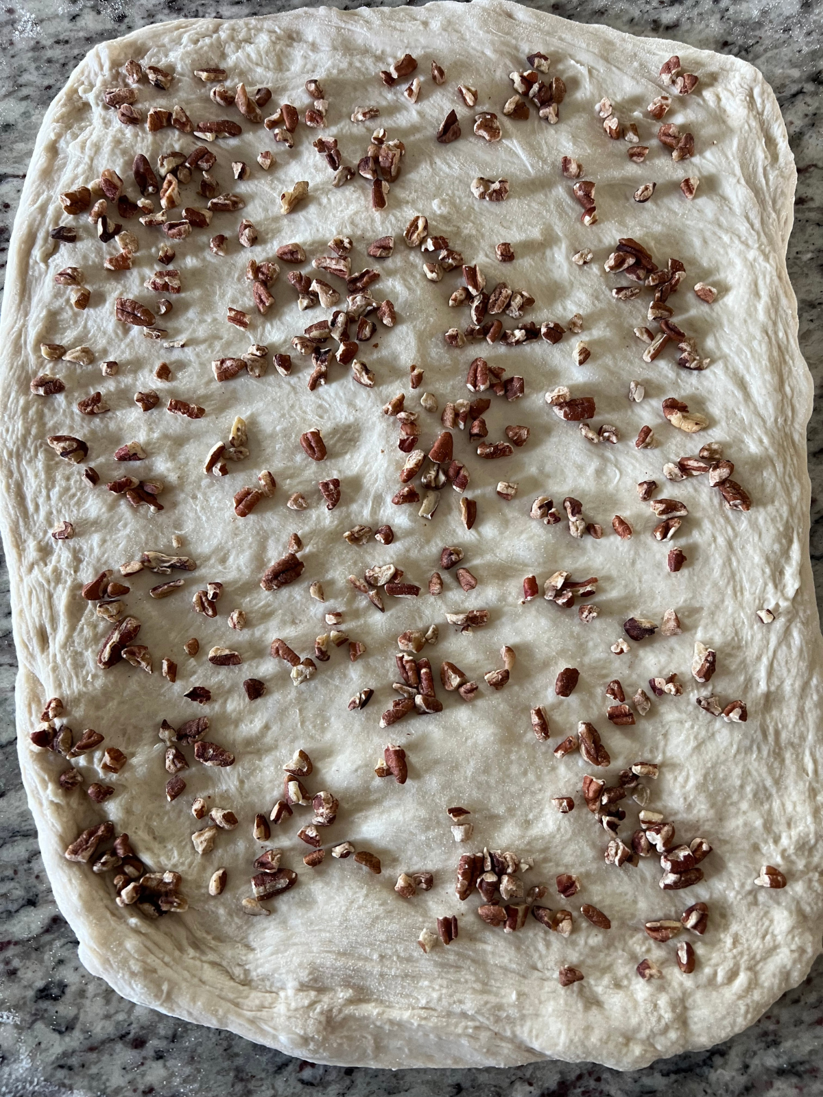 The dough for the sourdough pecan maple bread has been stretched out into a rectangle and covered with chopped pecans.