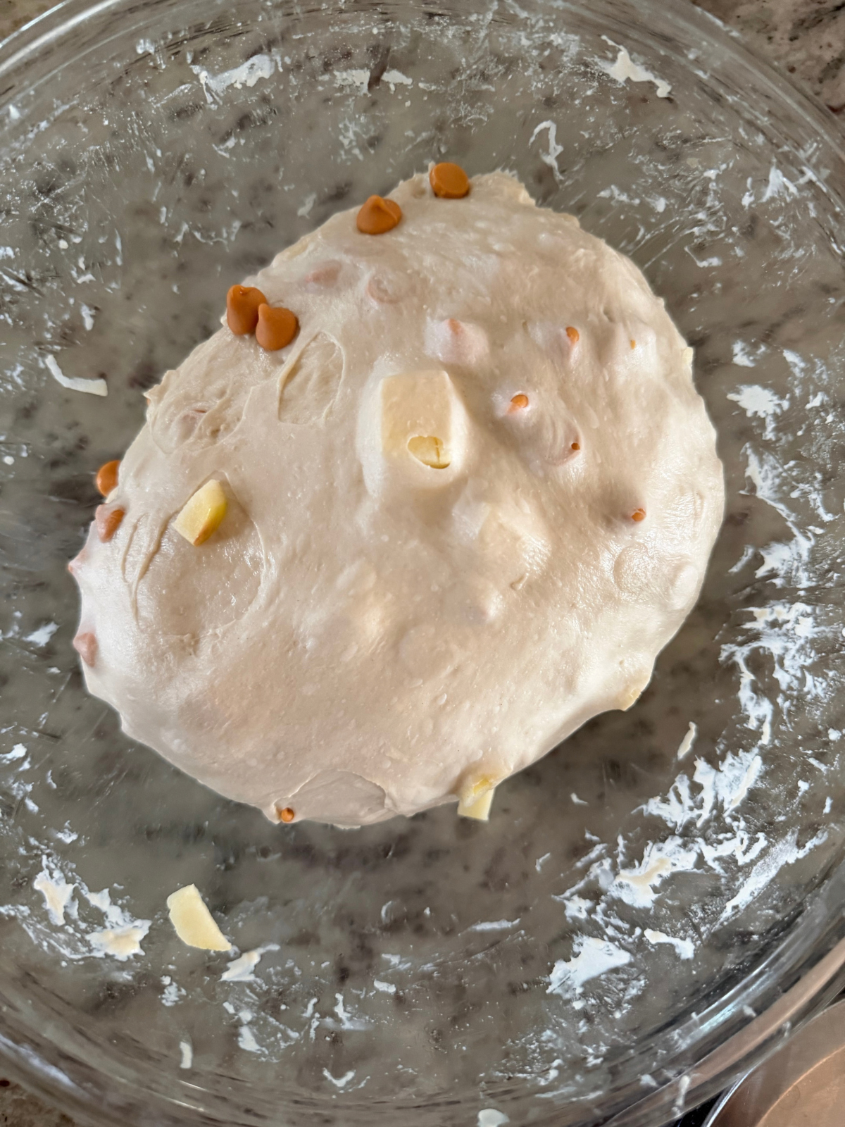 The dough for the sourdough apple cider, butterscotch and chopped apple bread is shown with the inclusions added in. 