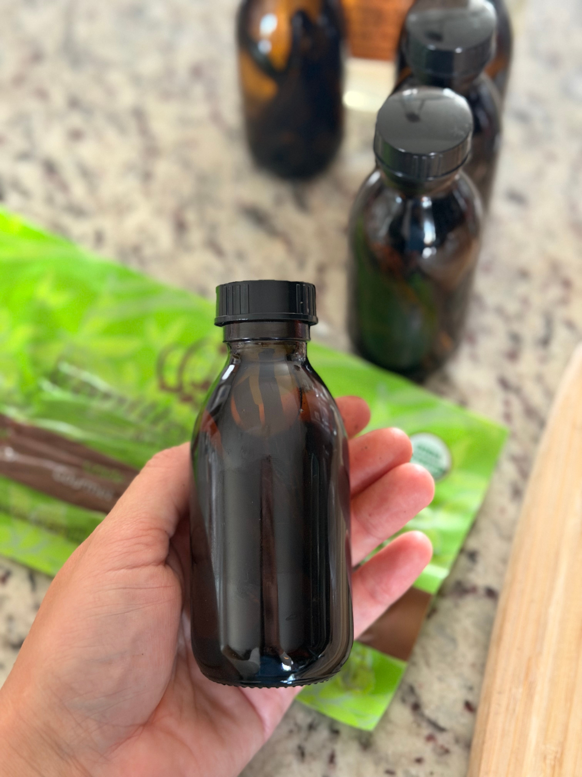 The vanilla beans and vodka sit in the bottle where they will infuse from 3-12 months.