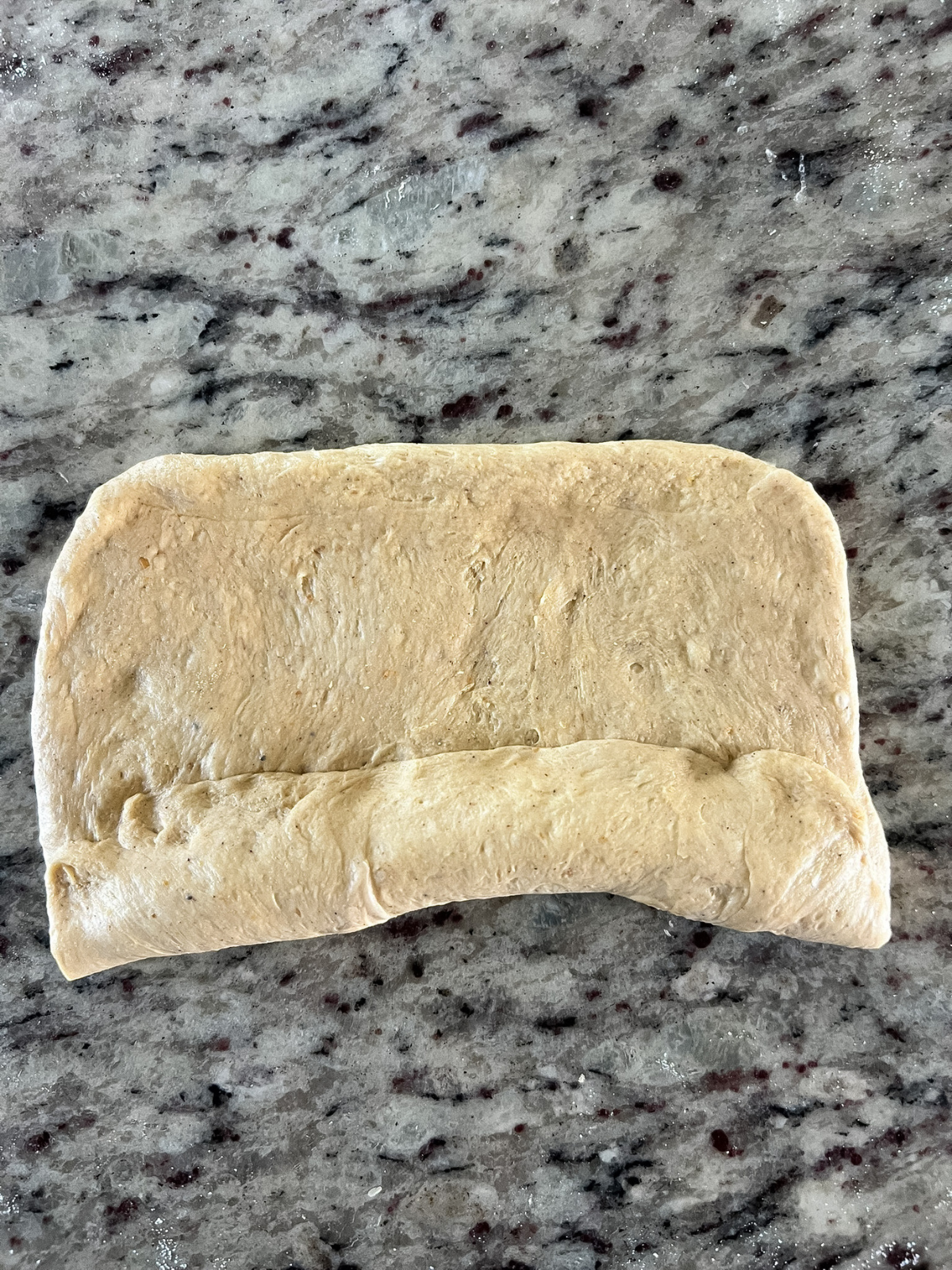 The cinnamon sugar swirl has been sealed by the dough and another swirl of cinnamon sugar will be added to the dough.