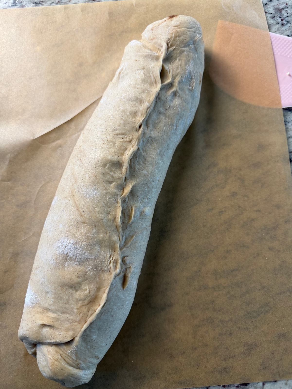 The sourdough apple pie babka dough has been rolled into a log with the seams pinched together. 