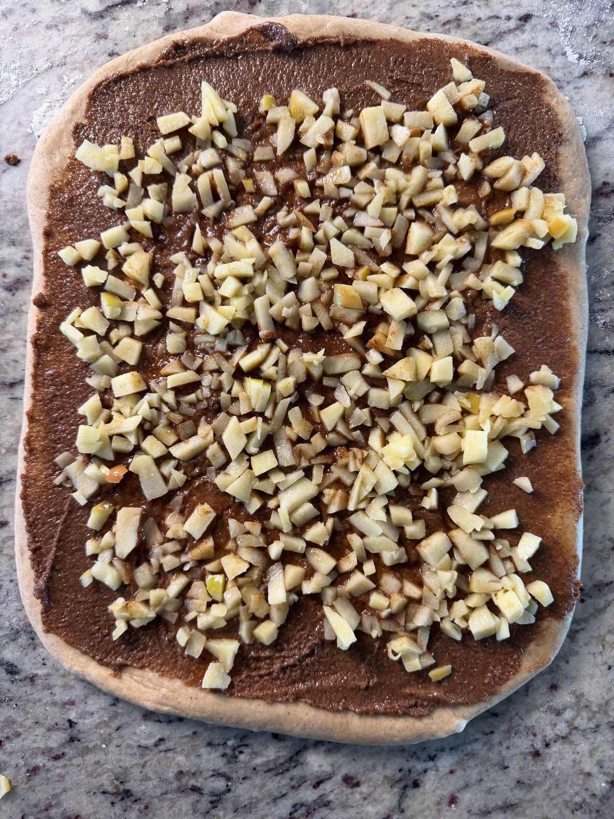 The babka dough has been rolled out into a rectangle. The cinnamon sugar filling has been spread and the diced apples have been sprinkled over the filling.