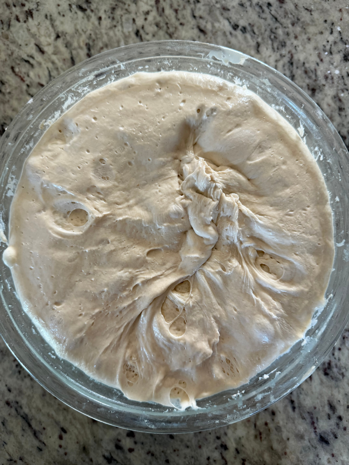 Bulk fermented sourdough focaccia dough is shown in a glass mixing bowl.