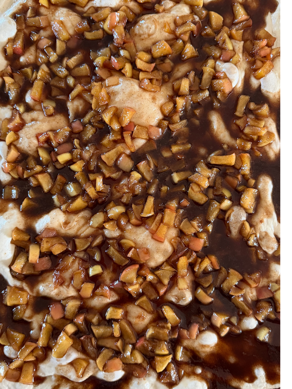 The apple pie filling is shown on top of the fermented sourdough focaccia.